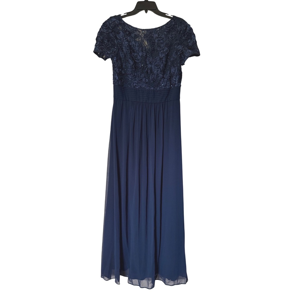 Oleg Cassini Navy Blue Lace Rosette Sequin Chiffon Evening Gown Dress 10
